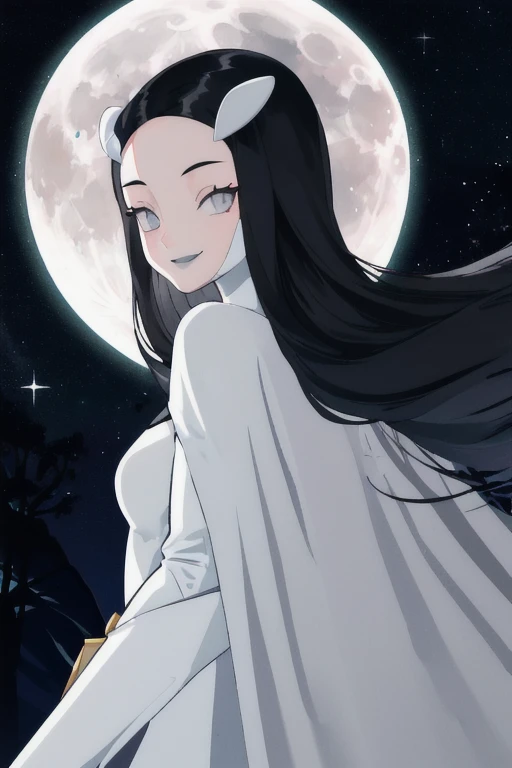 Tinya Wazzo, solo,black hair, long hair. grey eyes, smile, grey lips, white cape, best quality, masterpiece, 1girl, Masterpiece, Best Quality, Detail, forest, night, moon, From Behind, From Below, cape in front, solo, 1girl