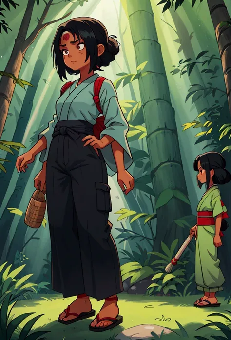 A young girl with tanned skin, dark eyes, and black curly hair. She is dressed in the outfit of Tsunade Senju from Naruto. The background is a serene forest with soft sunlight filtering through the trees, casting a gentle glow on her. Her expression is con...