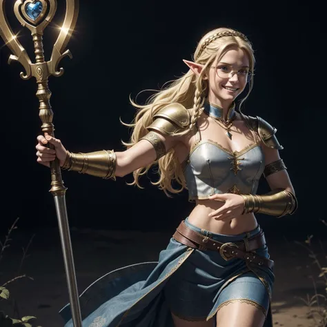 ((Five RPG adventurers)), 1.human male warrior, 1.Mythical male dwarf wearing heavy armor, 1.Mythical elf female blonde wearing jeans ( tight jeans ), jeans azur,1.Mythical pixie female blonde wearing a mini flared skirt and top with a flared shirt made of...