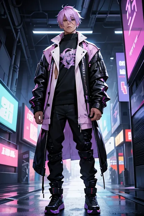 adult man, very light lilac hair in layered cut, with modern alternative clothing full body, mature man, cyber punk