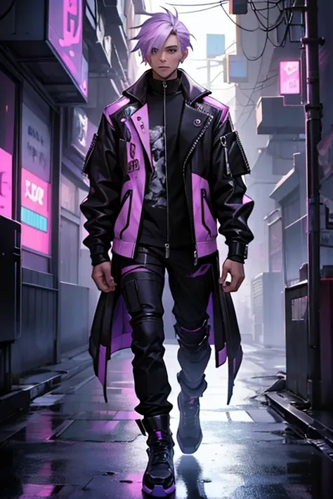 adult man, very light lilac hair in layered cut, with modern alternative clothing full body, mature man, cyber punk