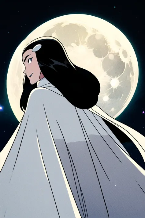 Tinya Wazzo, solo,black hair, long hair. grey eyes, smile, grey lips, white cape, best quality, masterpiece, 1girl, Masterpiece, Best Quality, Detail, forest, night, moon, From Behind, From Below, cape in front, cape covered her back, solo, 1girl