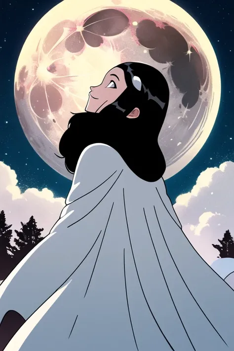 Tinya Wazzo, solo,black hair, long hair. grey eyes, smile, grey lips, white cape, best quality, masterpiece, 1girl, Masterpiece, Best Quality, Detail, forest, night, moon, From Behind, From Below, cape in front, cape covered her back, solo, 1girl