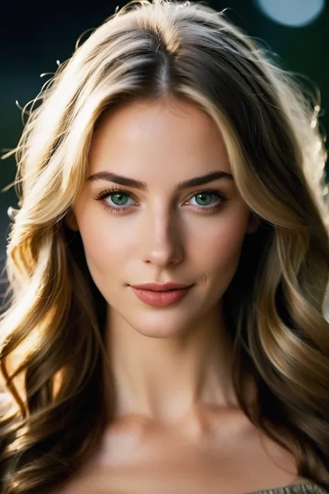 Create a realistic photo of a beautiful 29-year-old European woman facing the camera. She has a noticeable and magnetic presence. Her eyes should be a captivating dark deep green, with a strong jawline, and full, sensual lips. Her eyebrows are finely arche...