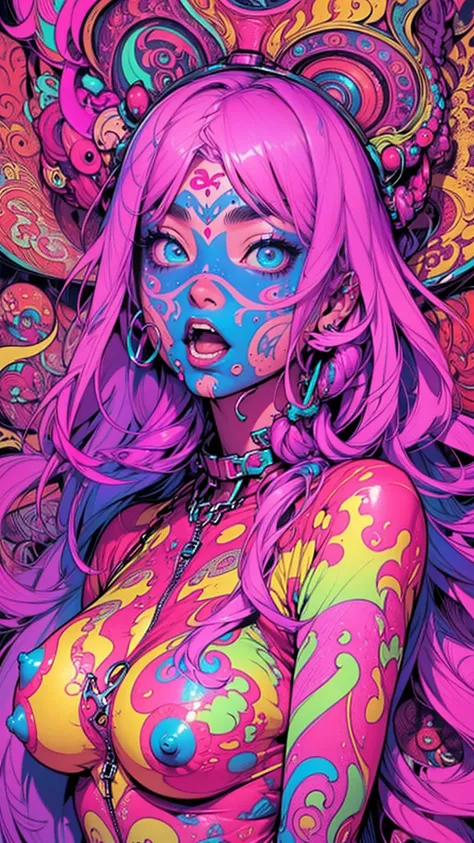 NSFW, Seductive psychedelic horror, nipples, Trippy Hentai, body horror, having sex, real breasts, surreal Sex, LSD trip, sensual, psychedelic vaginal sex, vaginal penetration, provocative, very colorful, glowing