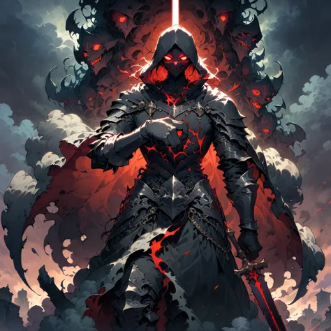 man, proud warrior wearing intricate medieval black armor in HKStyle style and epic mask with black ornaments., holding a large crimson glowing sword, red gloomy eyes, Very broad shoulders, wear big mittens, epic composition. A warrior stands heroically in...