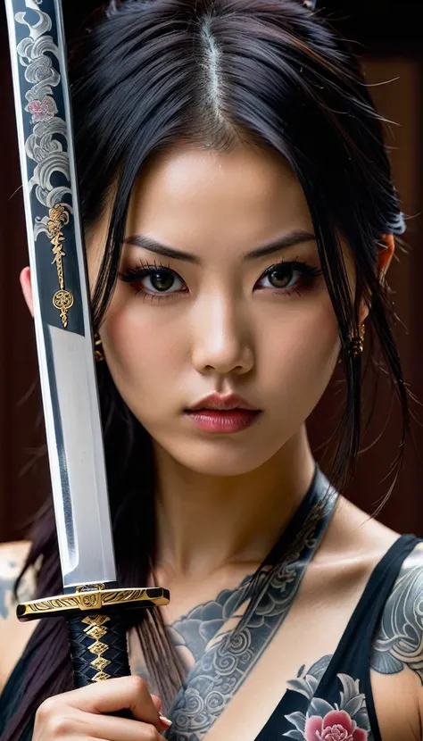 realisitic, 1 girl, retrato em close, beautiful japanese girl, yakuza tattoo on body, she holds the katana sword close to her face. shiny metal, gray metal details, metal reflection, pretty, sexly, dangerous, Fatal,