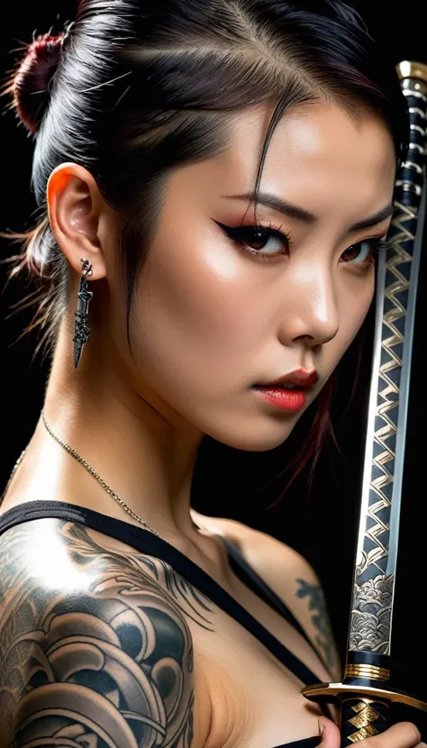 realisitic, 1 girl, retrato em close, beautiful japanese girl, yakuza tattoo on body, she holds the katana sword close to her face. shiny metal, gray metal details, metal reflection, pretty, sexly, dangerous, Fatal,