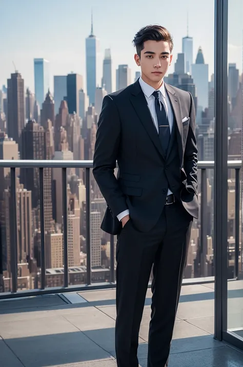 Young man in suit and tie with money in hand with New York background 