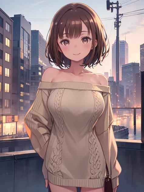 (8k、Highest quality、Highest quality、masterpiece)、Detailed face、((One Girl))、Brown Hair、Medium Hair、Brown eyes、smile、Big Breasts、((White sweater))、Off the shoulder、Strapless、((Deniers))、Cowboy Shot、Urban Background