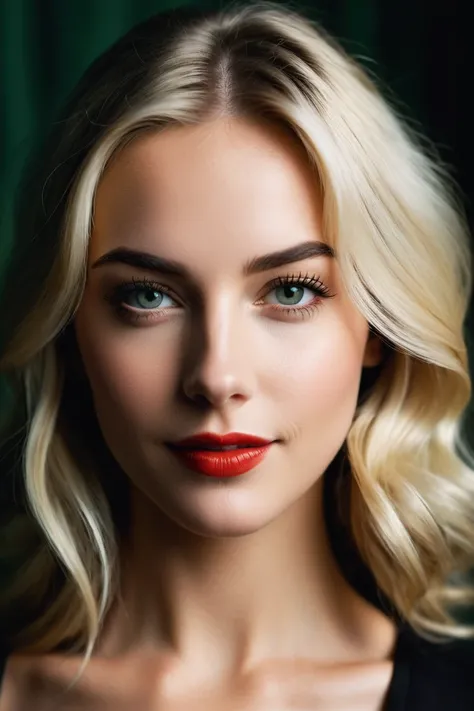 Create a realistic photo of a beautiful 34-year-old European woman facing the camera. She has a noticeable and magnetic presence. Her eyes should be a captivating dark deep green, with a strong jawline. Her lips should be sensual, with a natural, subtle po...