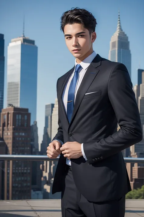 Young man with money in hand in suit and tie with realistic New York background 