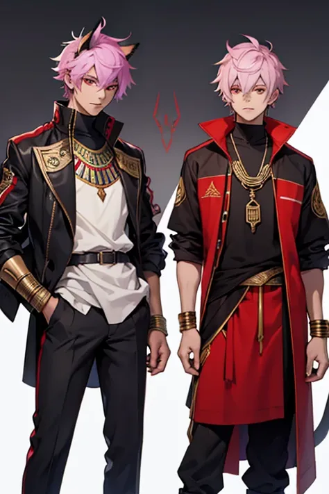 Man short lilac hair, red eyes and clothing of Anubis Egyptian god dog 