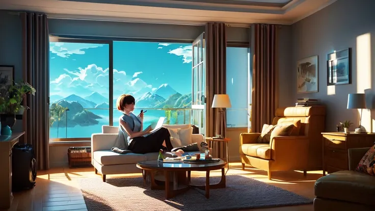 A woman is sitting on a sofa in a room with a laptop, Makoto Shinkai Cyril Rolland, LOFI Girl, Lofi Art, Relaxing concept art, Inspired by Cyril Rolland, Lofi Artstyle, Cyril Rolland and Goro Fujita, Inspired by Atei Gailan, Atei Gailan Style, Dreamy illus...