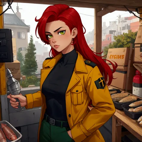 1. teenage boy, light skin with sardines, red hair and green eyes, red cargo pants style, yellow high neck blouse,  green coat, Beautiful and defined face 