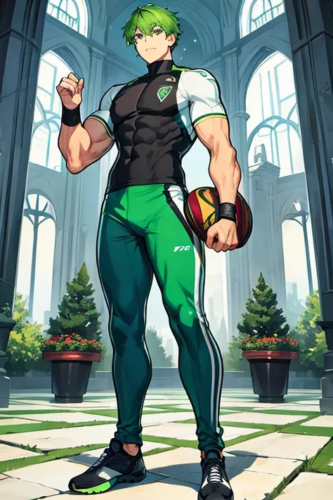 Tall muscular man, short green hair, goalkeeper