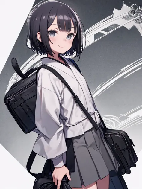 masterpiece, Highest quality, One girl, Ticker:4, grayscale, style: manga, Japanese, chi no wadachi, Iris, street, ice, Black Hair, school bag, smile, Line art, White Background, White shirt, Grey shorts, Medium Shot