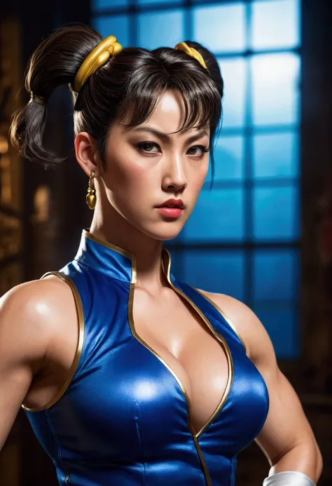 cinematic image of Chun Li from Street Fighter, in a large, well-lit room, makeup on eyes and painted lips, Chun Li stylish hair, well detailed body, huge breasts, suggestive look