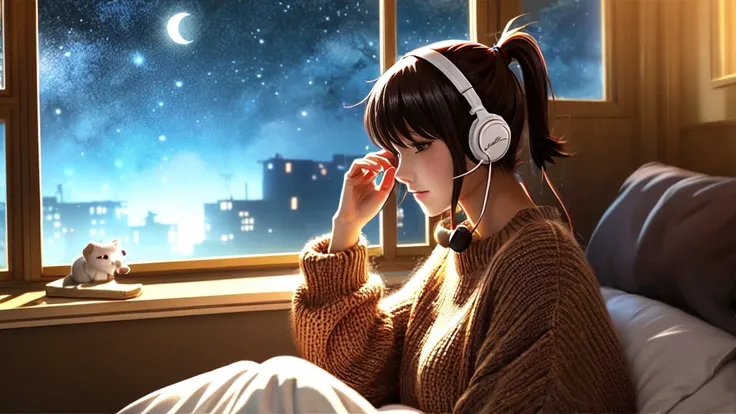 detailed anime girls, wearing a large sweater, wearing headband headphones, praise, quiet, quiet雰囲気, cold, looking out the windo...