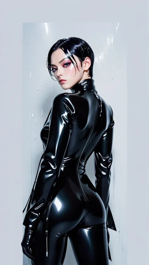 a close-up of a man in a wetsuit holding a knife, black latex suit, wearing atsuko kudo latex outfit, terno de shiny latex futur...