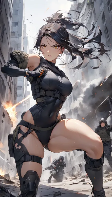 attractive tactical girl wearing skimpy tactical gear. she should have a confident and fierce expression, with her outfit highli...