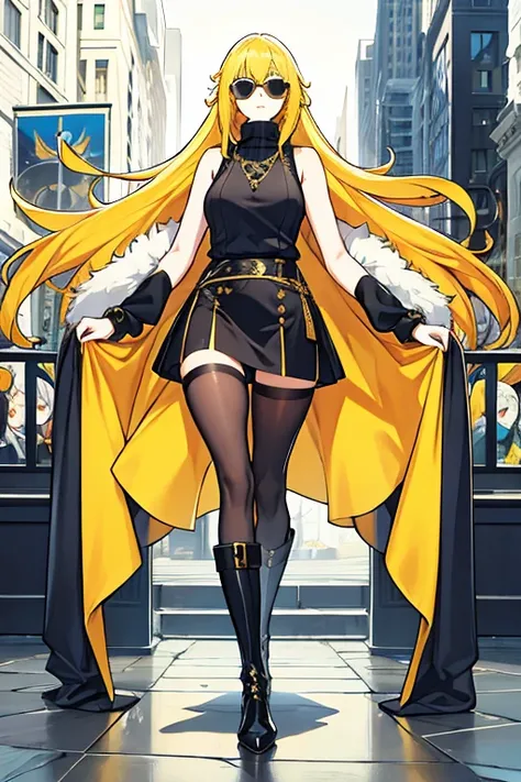 tall woman, long yellow hair, blue eyes, Sunglasses, fur coat, Sleeveless turtleneck sweater, black skirt, black boots 