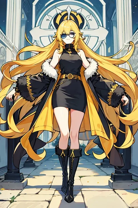 tall woman, long yellow hair, blue eyes, Sunglasses, fur coat, Sleeveless turtleneck sweater, black skirt, black boots 