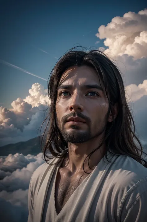 create images of Jesus returning in the clouds, with great power and glory, heavenly army, super realism, high qualiy, 3d, 4K, cinematic.