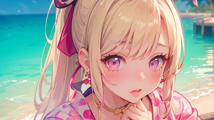 ((masterpiece、Highest quality、Very detailed))、One Girl、Face close-up、blonde、Long Hair、((ponytail))、bright pink eyes、Earrings、blush、Watery eye、((Pink Lips))、((Open your mouth))、Mid-chest、((yukata))、((Upper Body))、Festivals、firework、Girl in Love、