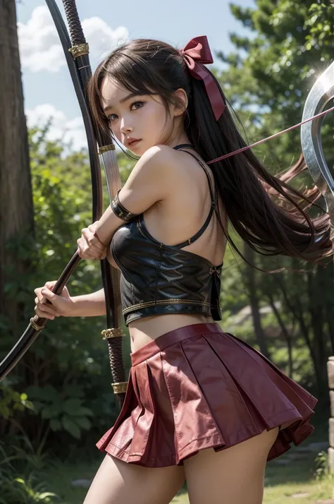 Archer、Fantasy、girl、mini skirt、hunter、Bow and Arrow、Huge Weapons、Battle Axe