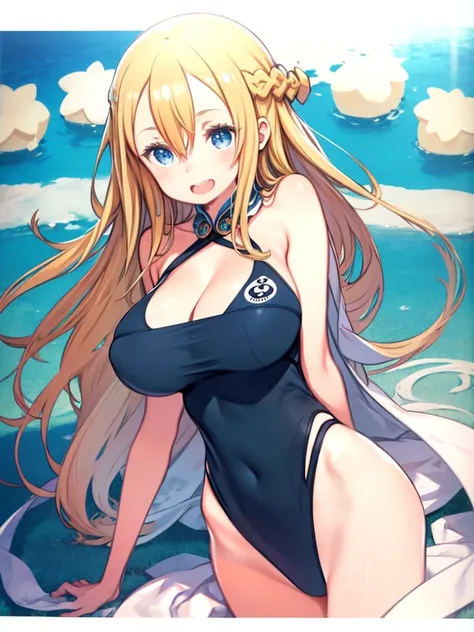 One woman、Big Breasts、Huge breasts、Blue Eyes、 Cute droopy eyes、long hair、Blonde Hair、Hair between the eyes、Braid、Laughter, ( One piece swimsuit)、High leg、Upper Body、Angle from below、blue sky、 White sand beach, smile, Open your mouth、Sexy pose、