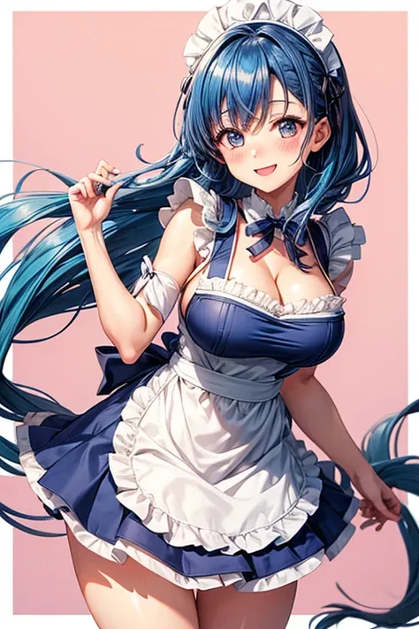 1 girl, Solo, ichika nakano, blue hair, (white apron), big breasts, cleavage, thighs, brown background, (blush:1.2), smiling