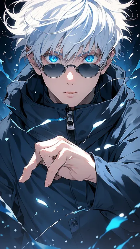 gojo satoru, one boy, whole body, gray hair, blue eyes, view your viewers,beautiful eyes,
high collar, hair between the eyes, bl...