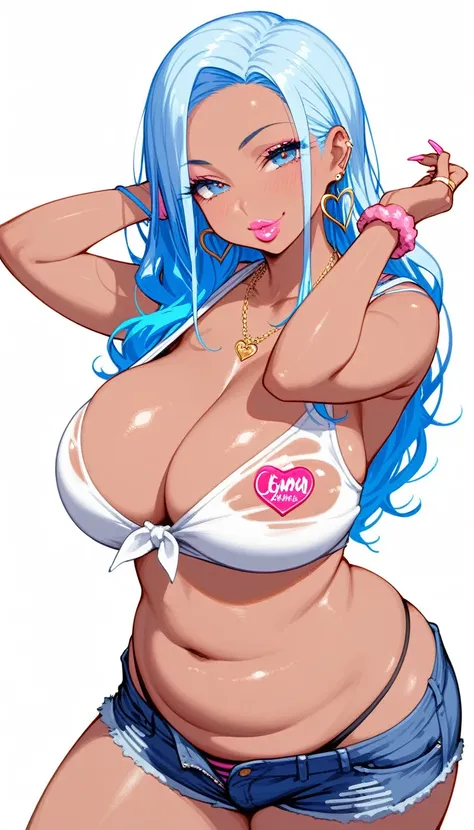 absurdres, 1girl, blue hair, pale skin, gyaru,  bimbo, huge tits, miniskirt, wide hips, plump, hourglass body, looking at viewer, suggestive, lewd, cute, sexy pose, suggestive, ero, ecchi, anime, breast focus, simple background, white background, 
Score_9,...