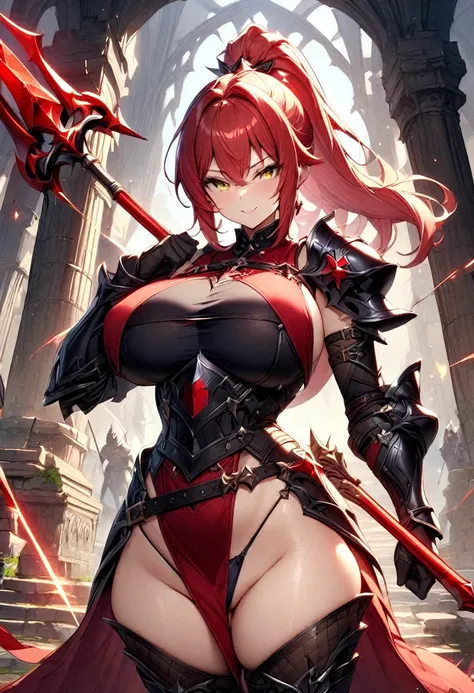 masterpiece,best quality, knight, long hair, red hair, ((ponytail)), yellow eyes, perfect face, black armor,, ((exposed arm)), r...