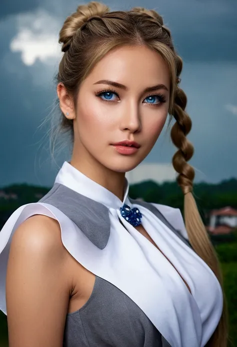 Create two women ,an italian long blonde hair hairstyle pony tail tied,blue colored eyes,white,sexly cantora,elegant makeup,wearing a gray dress that represents the dark clouds((Linda)),((face perfect)) ((blogger)),((perfectbody)) ((ultra quality)) another...