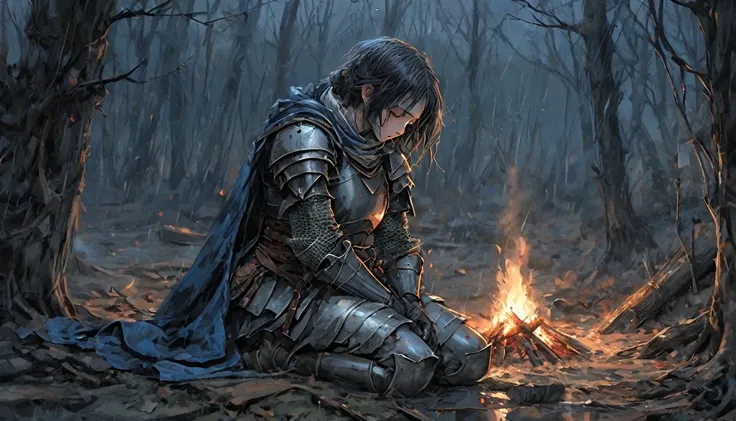 night,　bonfire,campsite　,collapsed hut,　few friends,right ,prayer, 　middle ages　europe, きれいな女knight, ,　few friends,　,waiting for...