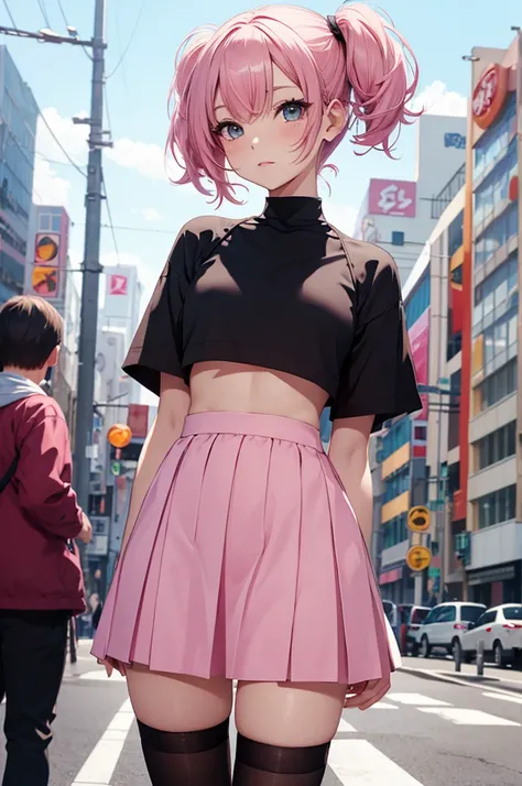 1 pretty woman, short pink hair with pigtails, small waist, skinny, small crop top, cotton skirt, young ‎city, Shibuya,PH Momo, momohd, phmomo, , black thighhighs, BREAK surrounded by guys 