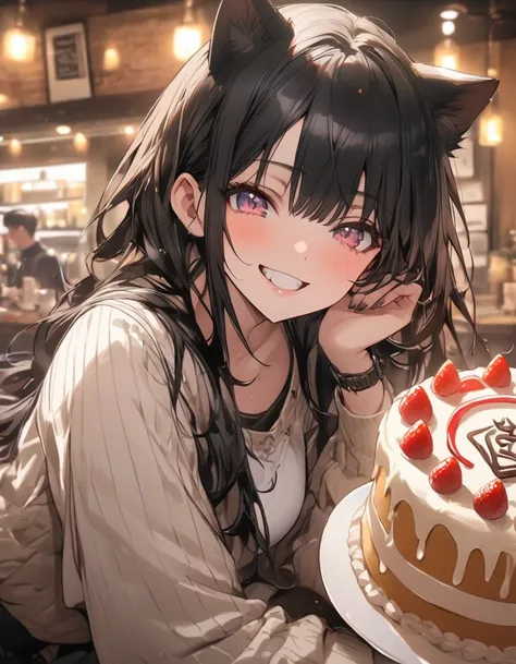 masterpiece、girl、Black Hair、Long Hair、Cat ear、smile、(((Big Cake)))、Focus on the face,Cafe background
