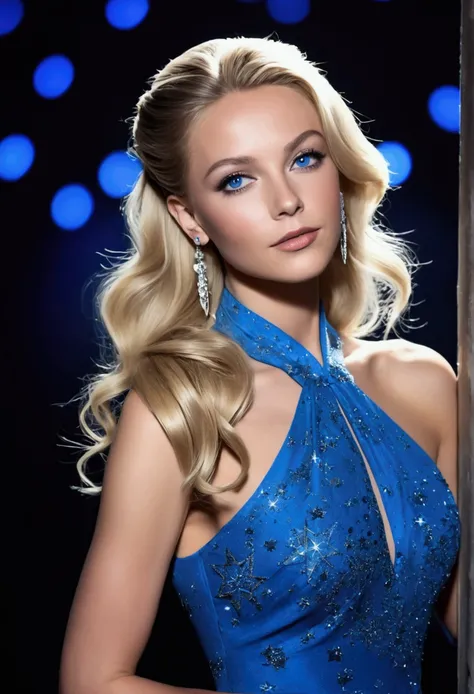 I believed one ,long blonde hair tied hairstyle,blue colored eyes,white,sexy singer,elegant makeup,wearing a blue dress with stars,walking in the black scenery,((Linda)),((face perfect)) ((blogger)),((perfectbody)) ((ultra quality)) ((Capa for music)) 