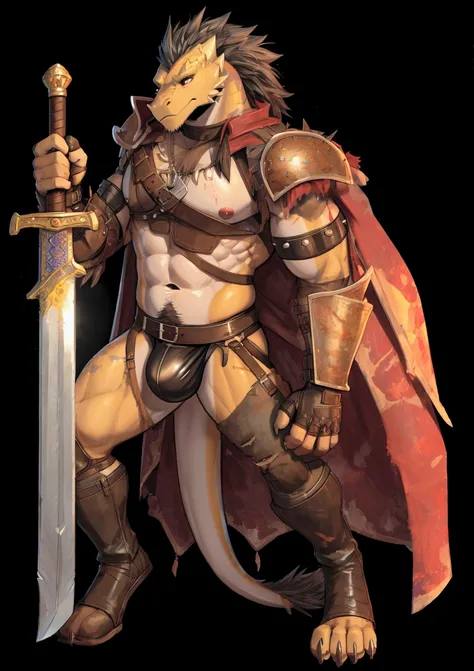 Solo Sexy young anthro scalie reptile dragon male mercenary medieval solider, tall and slim slimin hips muscular, anthro handsome gay shorter muzzle, handsome gay model male apperance, sword scars, worn out leather skimpy armament, low on hips heavy leathe...