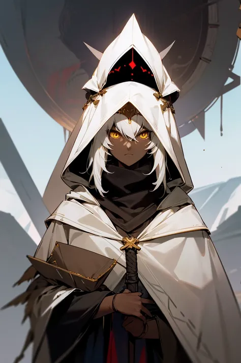 best res, highest res, absurd res, (((((dark skin))))), yellow eyes, whitish hair, (((nomad cloak))), 1girl, absurd res, good face
