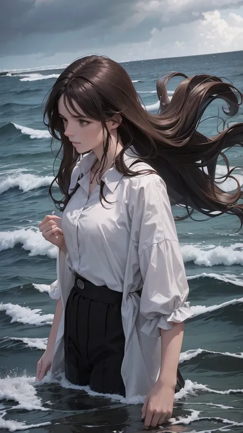 a woman stands in water next to jetty that is blacked out, watching the storm clouds over the ocean, 1girl, solo, long hair, outdoors, brown hair, grey sky