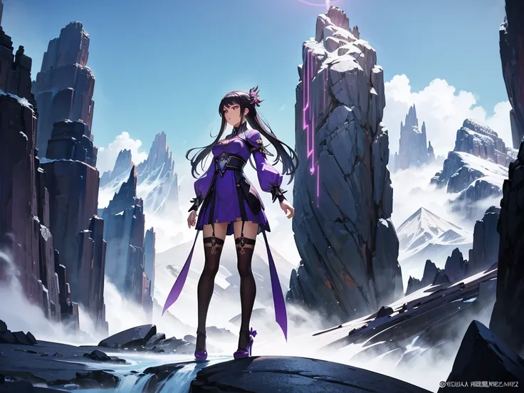 Anime Pleiade woman wearing a purple dress and black stockings standing in front of a mountain., cushart krenz art key women, Ayaka Genshin Impact, full body xianxia, artgerm style, extremely detailed artistic germ, by Yang J, Irelia, genshin impact keqing...