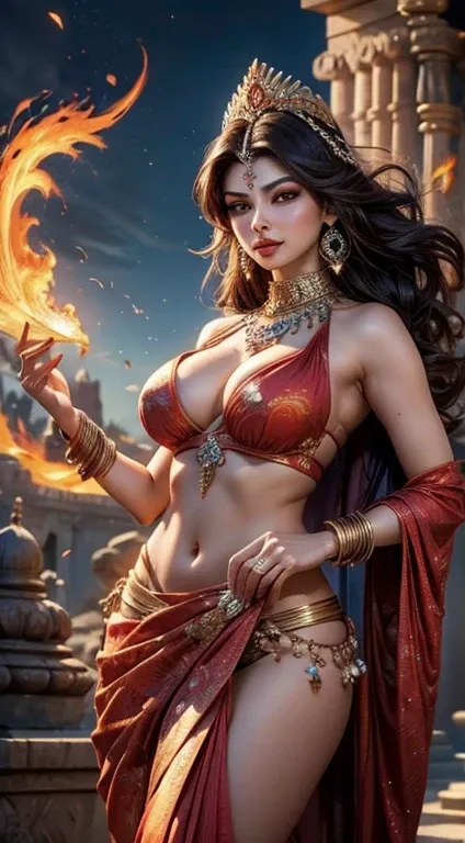 Urvashi Rautela as a princess phoenix, wearing an saree made by phoenix wings and a sarong, large breasts, cleavage visible, phoenix tattoo on cleavage,wearing ornaments, bangles, arm bands made by phoenix armour, waistband, bindi, long phoenix shape earri...