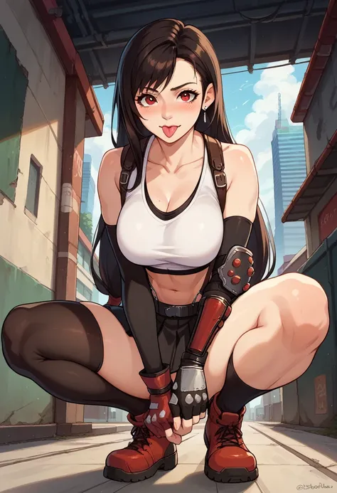 score_9, score_8_up, score_7_up, 1girl, solo, 7rtifa, red eyes, long hair, black hair, earrings, crop top, suspenders, pleated m...