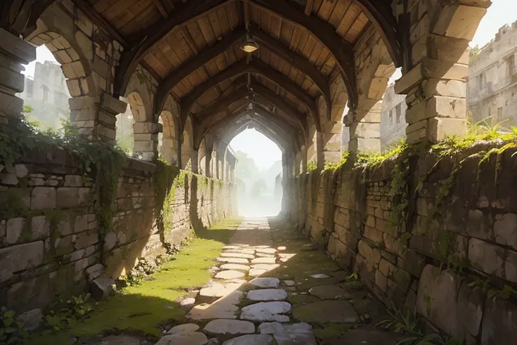 extremely overgrown dirt floor walled off from the world with dilapidated stone walls, sense of spaciousness