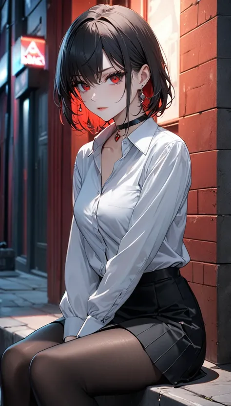 best quality, super_delicate, ultra detailed, beautiful, 8k , 1girl, red eyes, evil, looking sideway, street, sitting, business shirt, skirt, earrings, choker, black tights, nikke, night