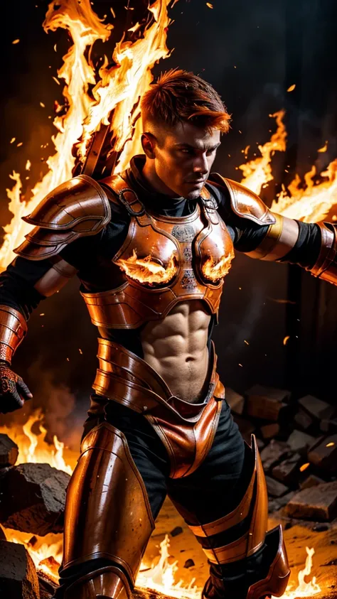 A strong, muscular man with short, fiery orange undercut hair and freckles, dressed in an intricate, heat-resistant red and black armor that gleams with a molten, fiery finish. His armor is adorned with flame motifs and embers that seem to glow and flicker...