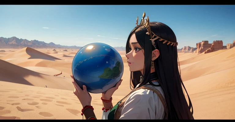 Alafi woman in traditional dress holding a small drum in the desert, Young woman in shaman costume, Girl with a sphere, movie「Silk road」Scenery of, Beautiful youth, Portrait Shot, Ancient Princess Reeve, The desert&#39;s vanishing line is below a woman&#39...